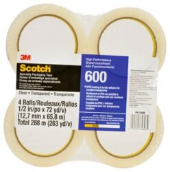 Scotch® Light Duty Packaging Tape 600, Clear High Clarity, 1/2 in x 72 yd, (4 Roll/Pack, 18 Pack/Case) Conveniently Packaged image Scotch® Light Duty Packaging Tape 600, Clear High Clarity, 1/2 in x 72 yd, (4 Roll/Pack, 18 Pack/Case) Conveniently Packagedimage