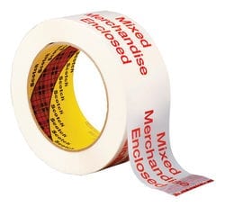 Scotch® Printed Message MIXED MERCHANDISE Box Sealing Tape 3775 White, 48 mm x 100 m Conveniently Packaged 3M stock# 7010335123 image Scotch® Printed Message MIXED MERCHANDISE Box Sealing Tape 3775 White, 48 mm x 100 m Conveniently Packaged 3M stock# 7010335123image