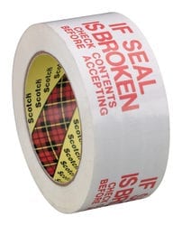 Scotch® Printed Message IF SEAL IS BROKEN CHECK CONTENTS BEFORE ACCEPTING Box Sealing Tape 3771 White, 48 mm x 100 m Conveniently Packaged 3M stock# 7010302431 image Scotch® Printed Message IF SEAL IS BROKEN CHECK CONTENTS BEFORE ACCEPTING Box Sealing Tape 3771 White, 48 mm x 100 m Conveniently Packaged 3M stock# 7010302431image