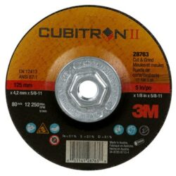3M™ Cubitron™ II Cut and Grind Wheel, 28763, Type 27 Quick Change, 5 in x 1/8 in x 5/8 in-11 – OBSOLETE image 3M™ Cubitron™ II Cut and Grind Wheel, 28763, Type 27 Quick Change, 5 in x 1/8 in x 5/8 in-11 – OBSOLETEimage