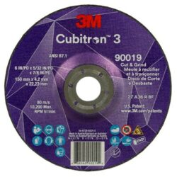 3M™ Cubitron™ 3 Cut and Grind Wheel, 90019, 36+, T27, 6 in x 5/32 in x 7/8 in, ANSI image 3M™ Cubitron™ 3 Cut and Grind Wheel, 90019, 36+, T27, 6 in x 5/32 in x 7/8 in, ANSIimage