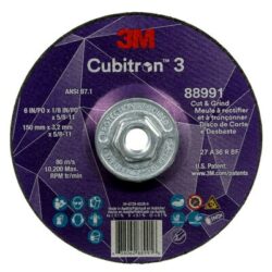 3M™ Cubitron™ 3 Cut and Grind Wheel, 88991, 36+, T27, 6 in x 1/8 in x 5/8 in-11, ANSI image 3M™ Cubitron™ 3 Cut and Grind Wheel, 88991, 36+, T27, 6 in x 1/8 in x 5/8 in-11, ANSIimage