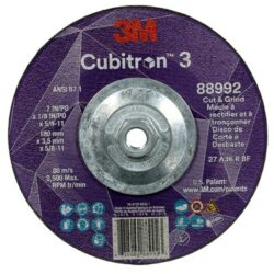 3M™ Cubitron™ 3 Cut and Grind Wheel, 88992, 36+, T27, 7 in x 1/8 in x 5/8 in-11, ANSI image 3M™ Cubitron™ 3 Cut and Grind Wheel, 88992, 36+, T27, 7 in x 1/8 in x 5/8 in-11, ANSIimage