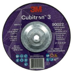 3M™ Cubitron™ 3 Cut and Grind Wheel, 90022, 36+, T27, 7 in x 5/32 in x 5/8 in-11, ANSI image 3M™ Cubitron™ 3 Cut and Grind Wheel, 90022, 36+, T27, 7 in x 5/32 in x 5/8 in-11, ANSIimage