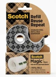 Scotch® Stainless Steel Dispenser Starter Pack with Magic™ 66% Plant-Based Adhesive Tape 123R, 0.75 in x 550 in (19mmx13.9mm) image Scotch® Stainless Steel Dispenser Starter Pack with Magic™ 66% Plant-Based Adhesive Tape 123R, 0.75 in x 550 in (19mmx13.9mm)image