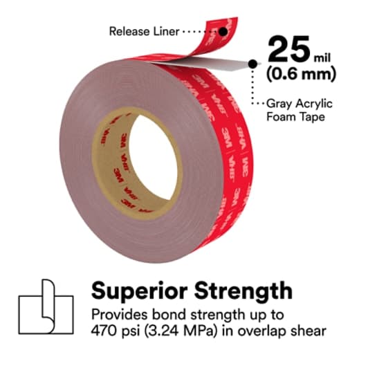 3M™ VHB™ Tape Max-060GF, Gray, 1 in x 36 yd, 25 mil, Film Liner, 9 Roll/Case