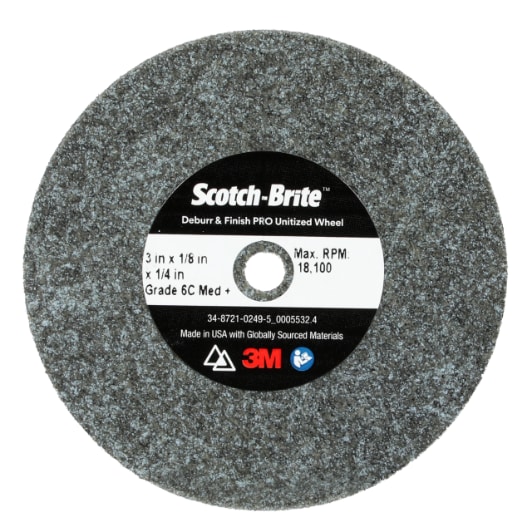 Scotch-Brite™ Deburr & Finish Pro Unitized Wheel, DP-UW, 6C Medium+, 3 in x 1/8 in x 1/4 in, 40 ea/Case