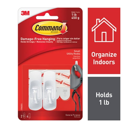 Command™ Small Utility Hooks 17002, White, 2/Pack, 6 Packs/Bag, 6 Bags/Case