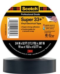 Scotch® Super 33+ Vinyl Electrical Tape, 3/4 in x 52 ft, Black, 10 rolls/carton, 100 rolls/Case image Scotch® Super 33+ Vinyl Electrical Tape, 3/4 in x 52 ft, Black, 10 rolls/carton, 100 rolls/Caseimage