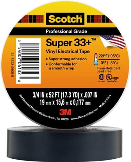 Scotch® Super 33+ Vinyl Electrical Tape, 3/4 in x 52 ft, Black, 10 rolls/carton, 100 rolls/Case
