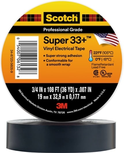 Scotch® Super 33+ Vinyl Electrical Tape, 3/4 in x 36 yd, Black, 48 rolls/Case