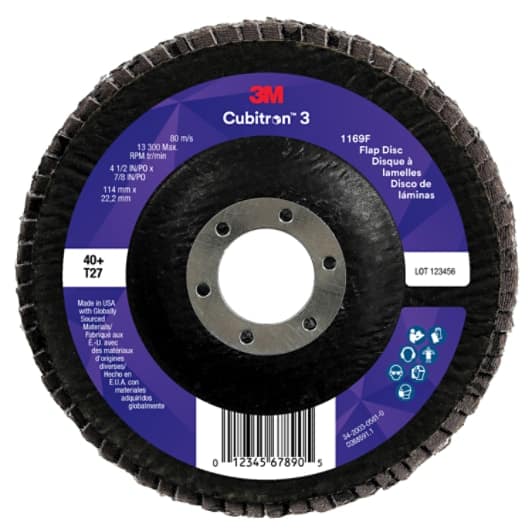 3M™ Cubitron™ 3 Flap Disc 1169F, 40+, T27-Flat, 4-1/2 in x 7/8 in